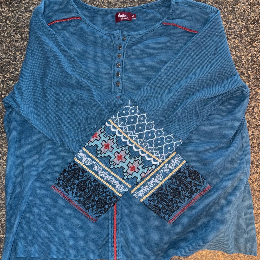 Blue Embroidered Long Sleeve Henley Top avani del amour brand